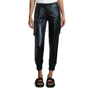 Norma Kamali Sheen Cargo Jogger Pants Faux Leather Black Foil Cropped Sz XS